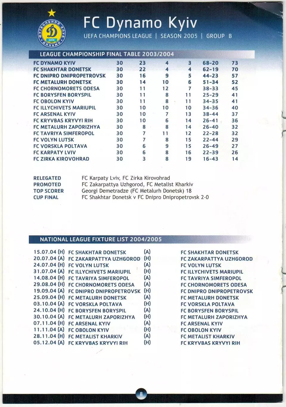 Лига чемпионов УЕФА 2005 Dynamo Kyiv / Динамо Киев /А.Гусин А.Шовковский О.Гусев 2