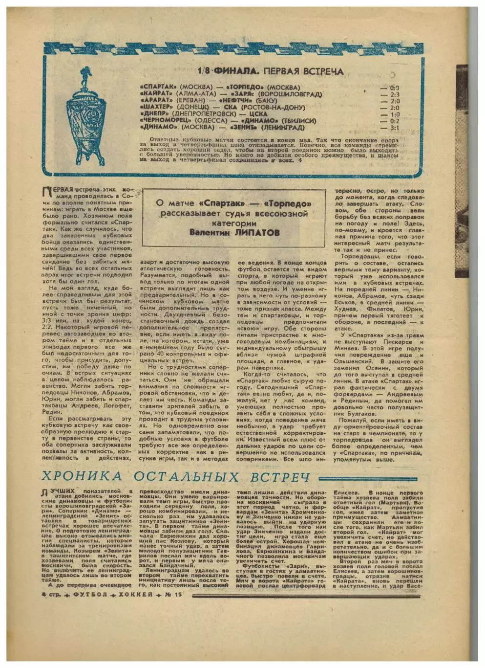 Футбол–Хоккей 1974 №15 Кубок СССР Спартак–Торпедо Шахтер–СКА Р ЧМХ:отчеты матчей 1