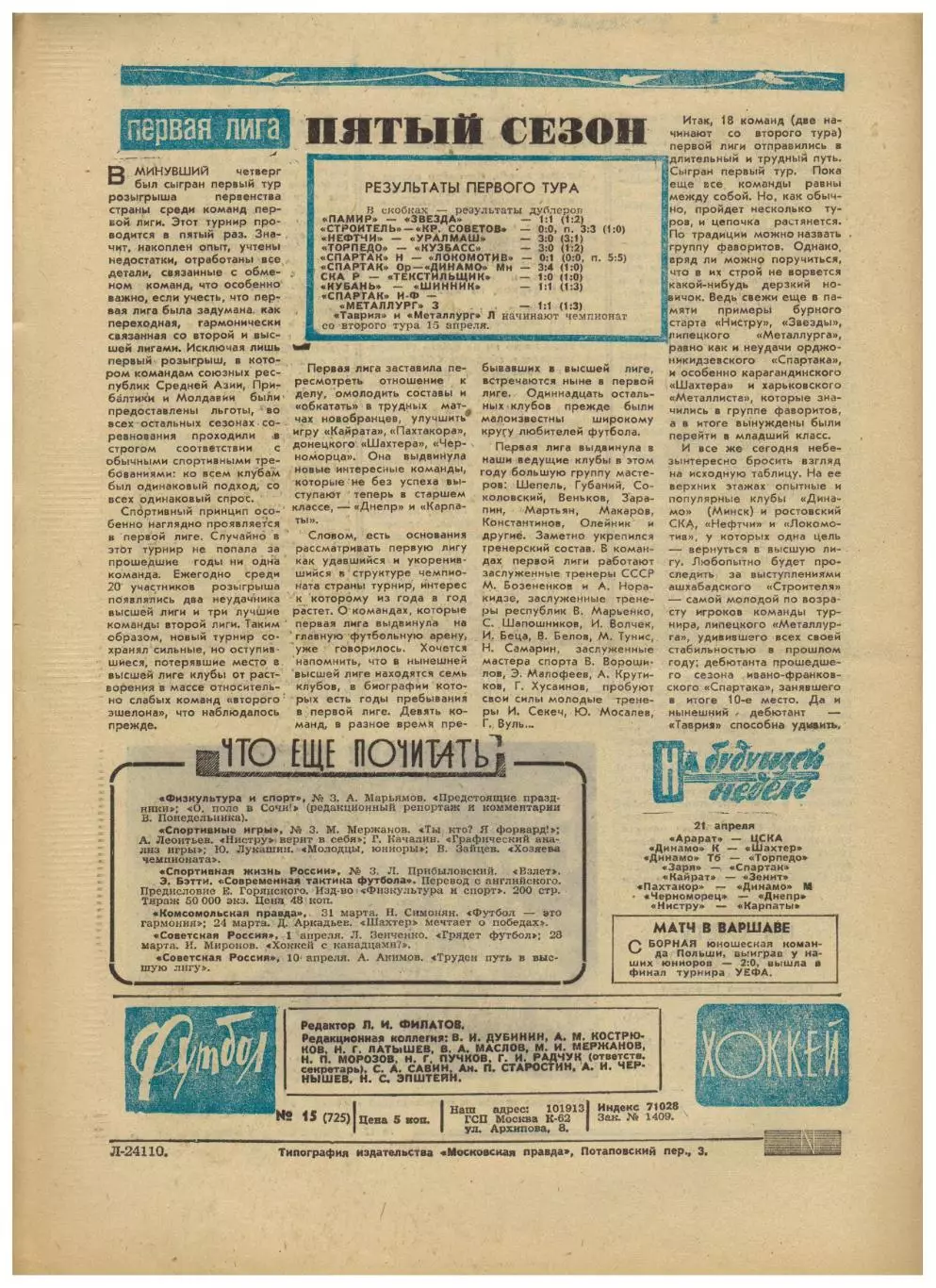 Футбол–Хоккей 1974 №15 Кубок СССР Спартак–Торпедо Шахтер–СКА Р ЧМХ:отчеты матчей 6
