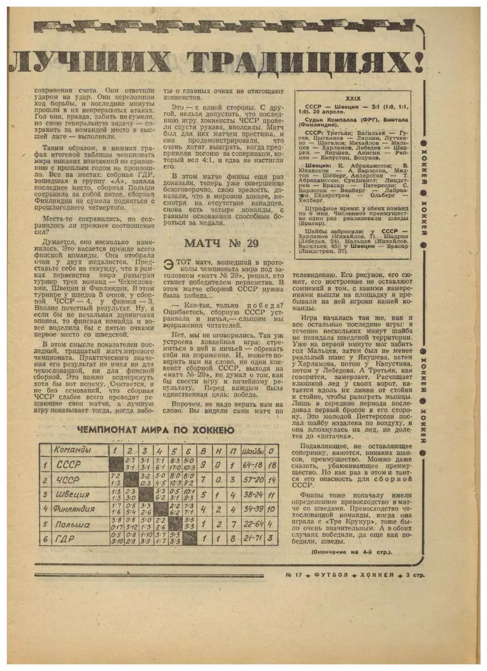 Футбол-Хоккей 1974 №17 ЧМХ:отчеты матчей Б.Михайлов о сборной СССР ЧМ–Голландия 1