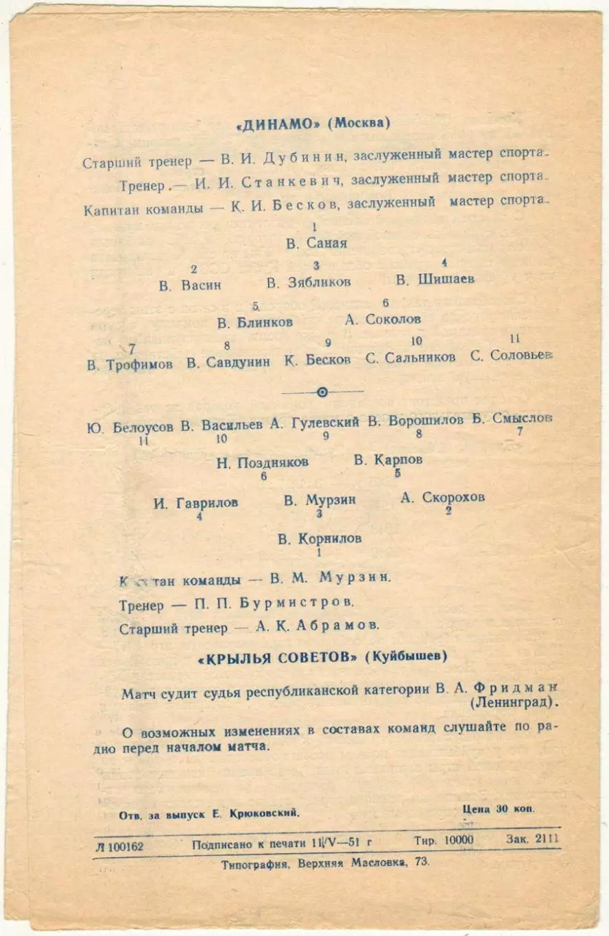 Динамо Москва – Крылья Советов Куйбышев 14.05.1951 1