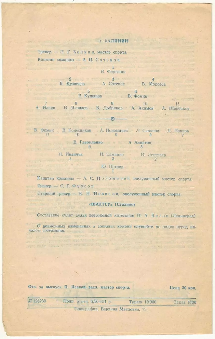 Шахтер Сталино – К-да г. Калинин 09.10.1951 Кубок СССР 1/2 финала СОСТОЯНИЕ!!! 1