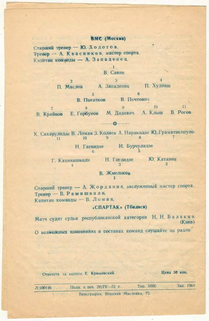 ВМС Москва – Спартак Тбилиси 04.05.1951 1