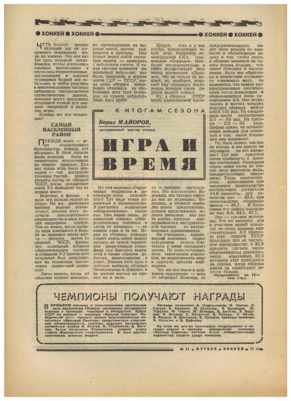 Футбол-Хоккей 1974 №21 ТМФ СССР–ЧССР–0:1 Б.Майоров–Итоги ЧМХ Англия Финал КЕЧ КУ 2