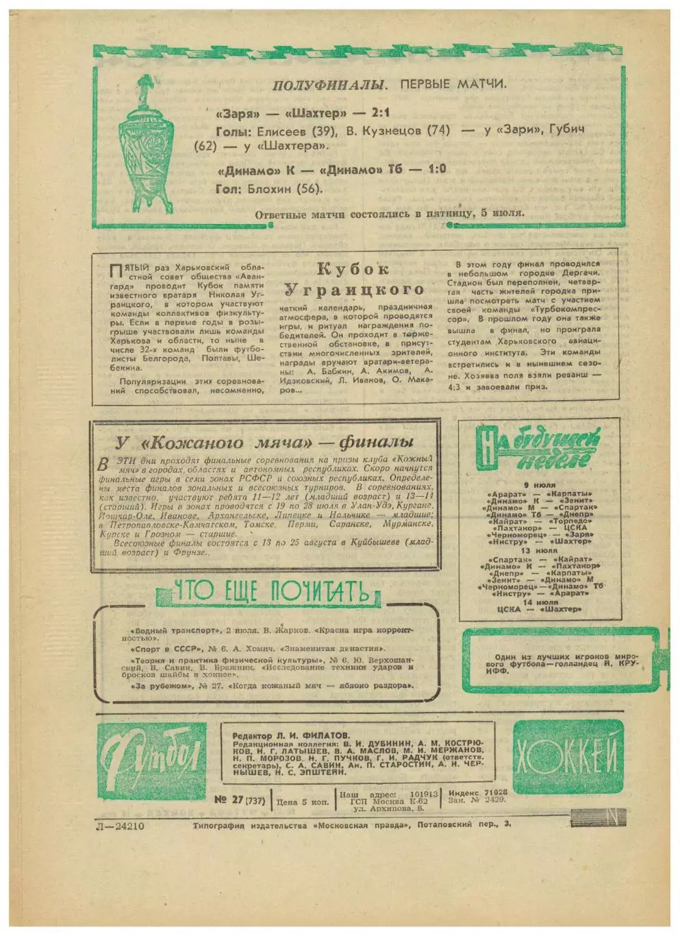 Футбол-Хоккей 1974 №24 Днепр ЧМФ Голландия–Бразилия ФРГ–Польша Отчеты матчей 3