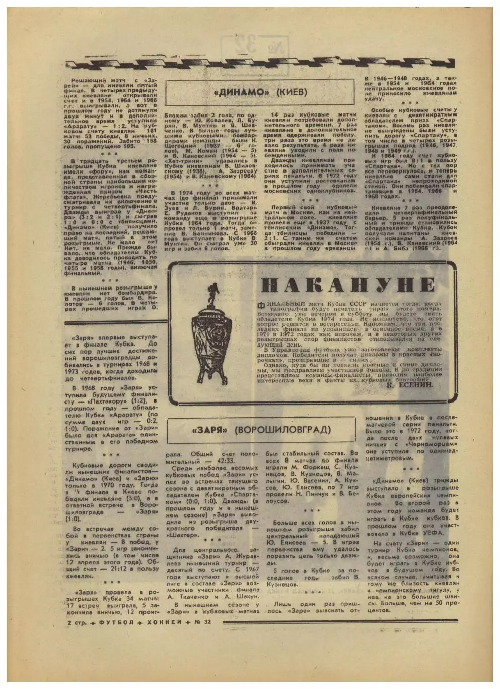 Футбол-Хоккей 1974 №32 Финал Кубка Заря–Динамо Киев–? Уралмаш Казимеж Гурский 1