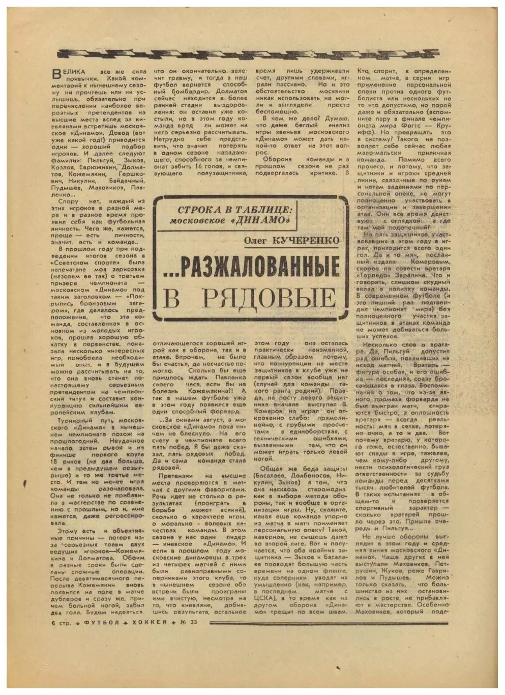 Футбол-Хоккей 1974 №33 /Динамо Киев–обладатель Кубка Динамо Москва В.Николаев 2