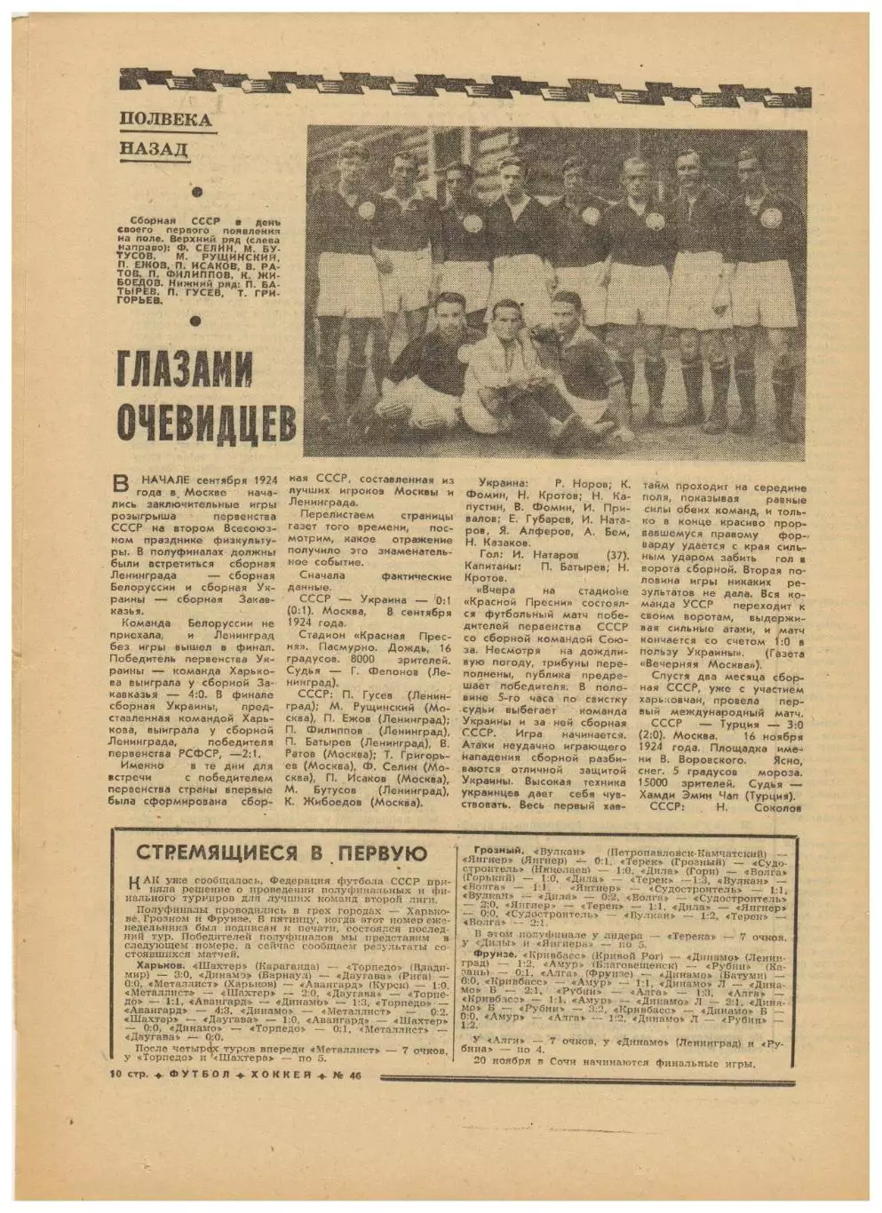 Футбол-Хоккей 1974 №46 Динамо Киев–чемпион Сборная СССР-1924 Сборная Англии Пеле 2