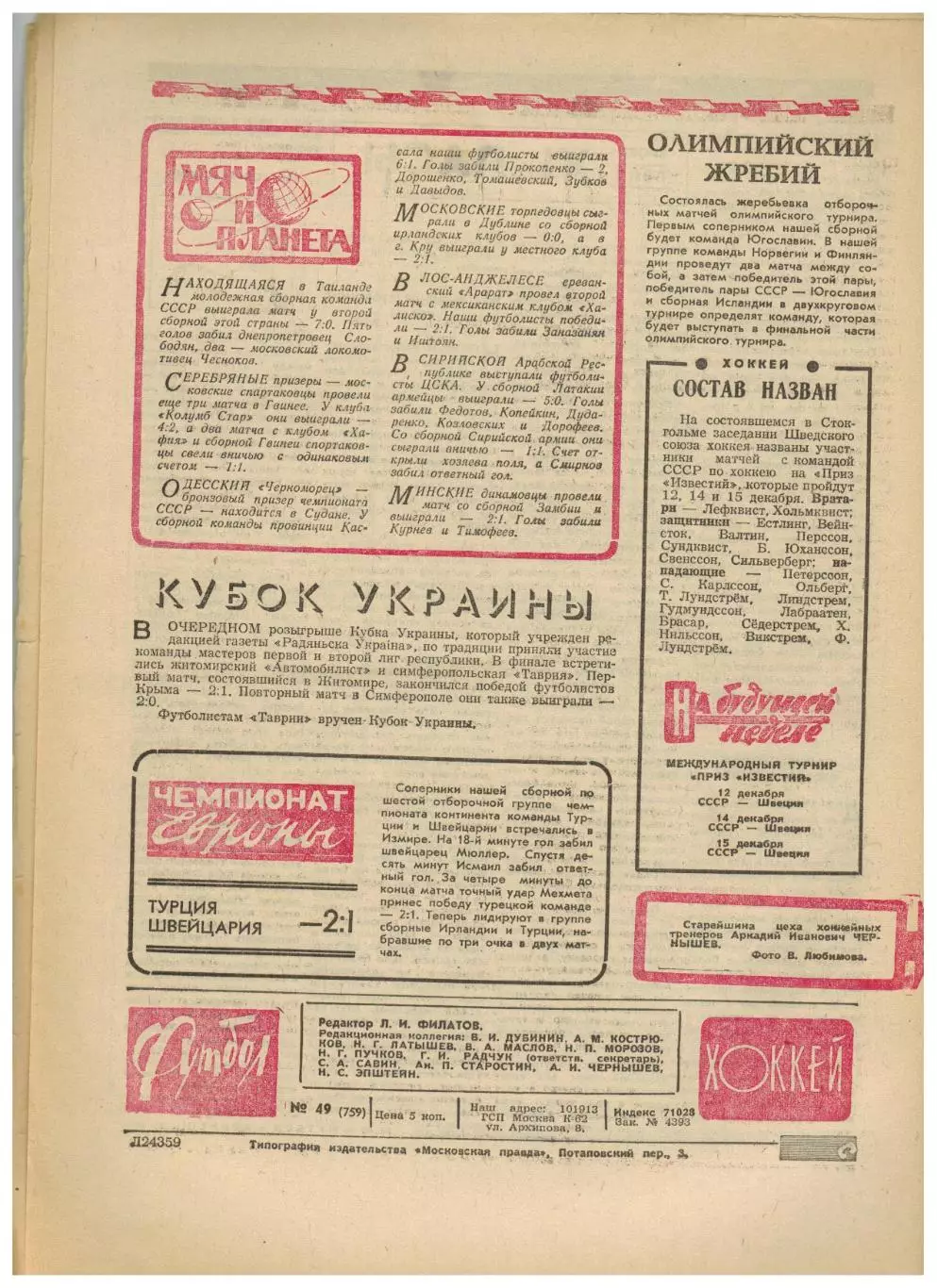 Футбол-Хоккей 1974 №49 Металлург Липецк.Финал 2-й лиги.ХК ЦСКА–Динамо Москва–3:5 4