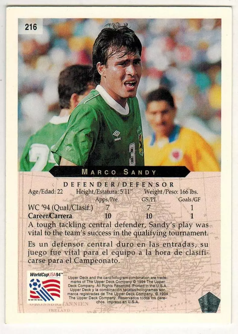 Чемпионат мира по футболу-1994 Marco Sandy Марко Санди Боливия Upper Deck #216 1