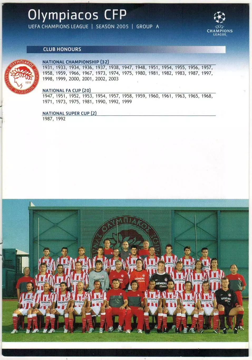 Лига чемпионов УЕФА 2005 Olympiakos CFR Олимпиакос Пирей Греция /Ривалдо П.Кафес