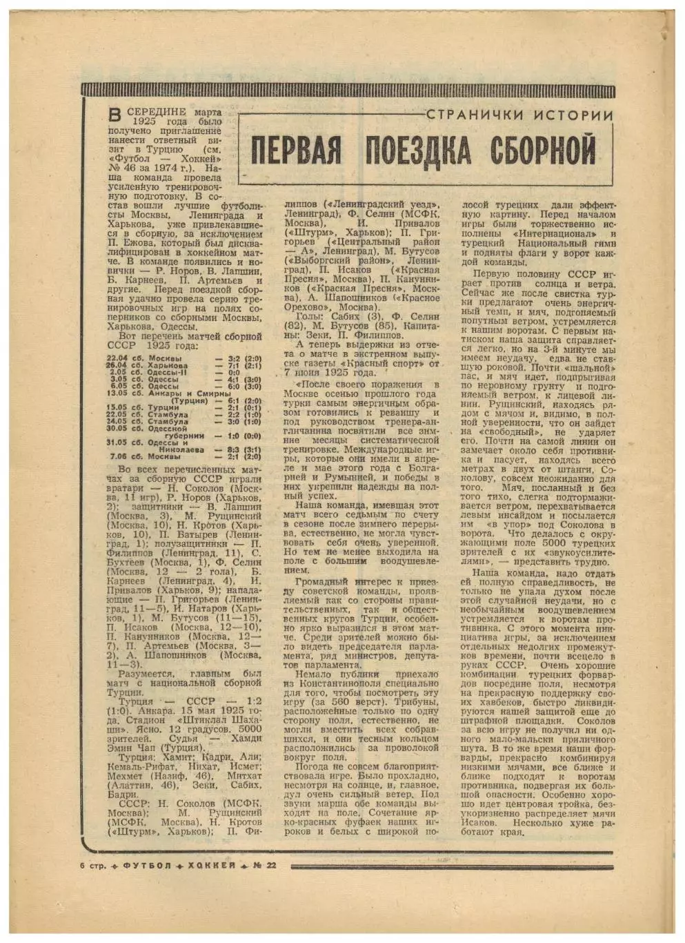 Футбол–Хоккей 1975 №22 Сб.СССР в Турции-1925 Финал КЕЧ Бавария–Лидс–2:0 Италия 1