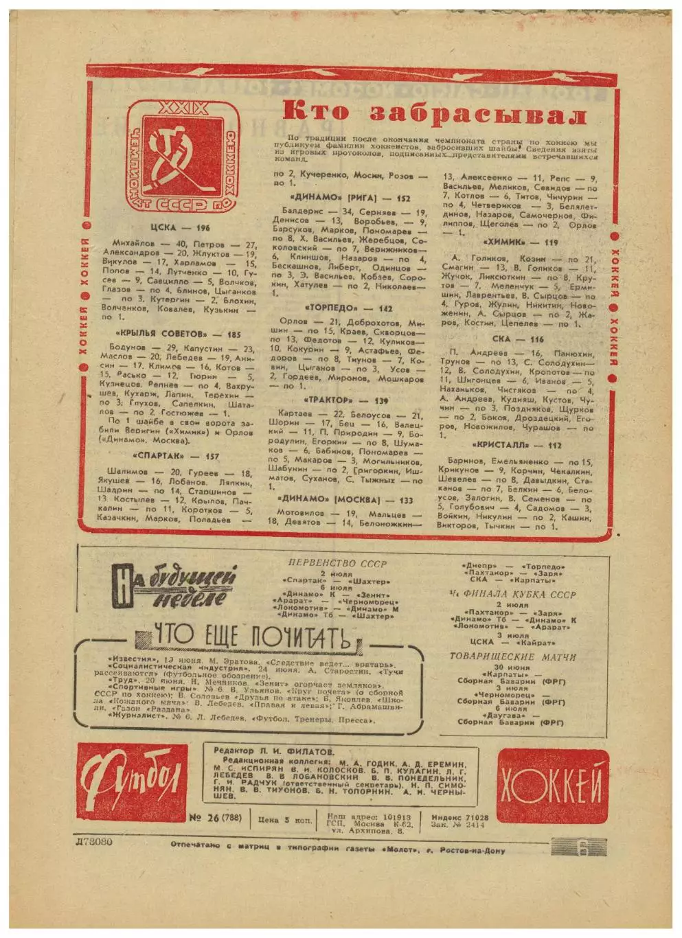 Футбол-Хоккей 1975 №26 Кубок СССР С.Ольшанский Сибирь Новосибирск Авторы шайб-ЧС 4