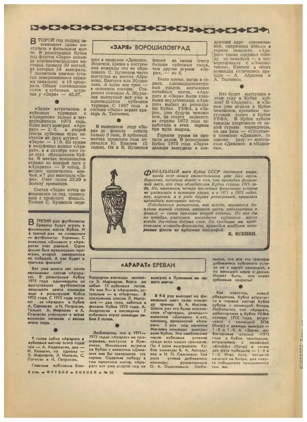 Футбол-Хоккей 1975 №32 Заря Арарат–финалисты Кубка МТ во Львове НХЛ АИК Испания 1