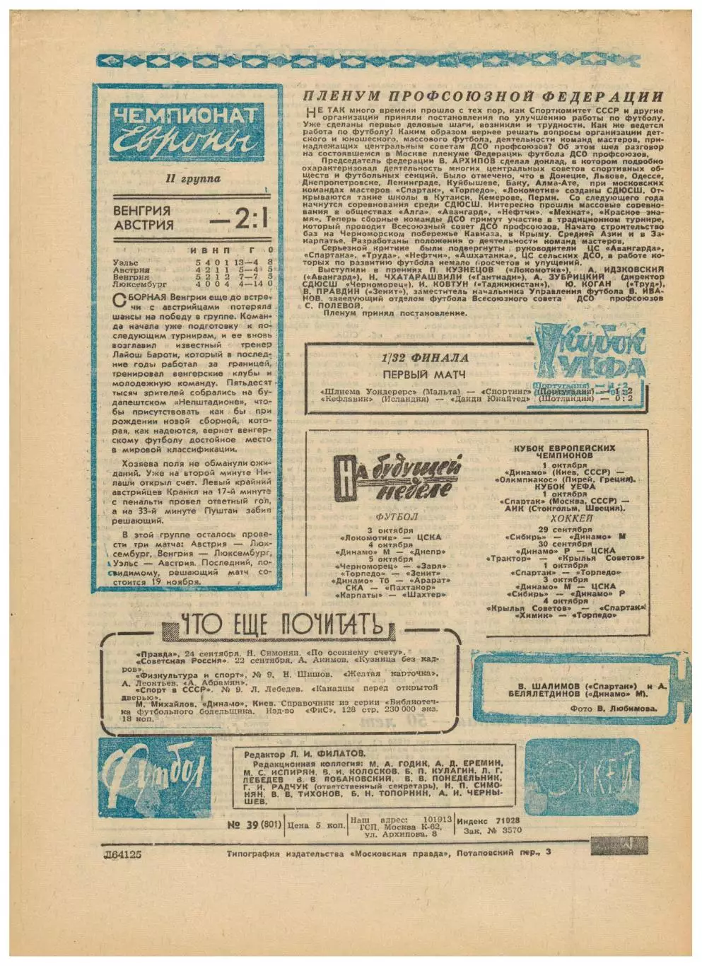 Футбол-Хоккей 1975 №39 В.Сальков АИК–Спартак–1:1 ОТОИ СССР–Норвегия Луис Менотти 4