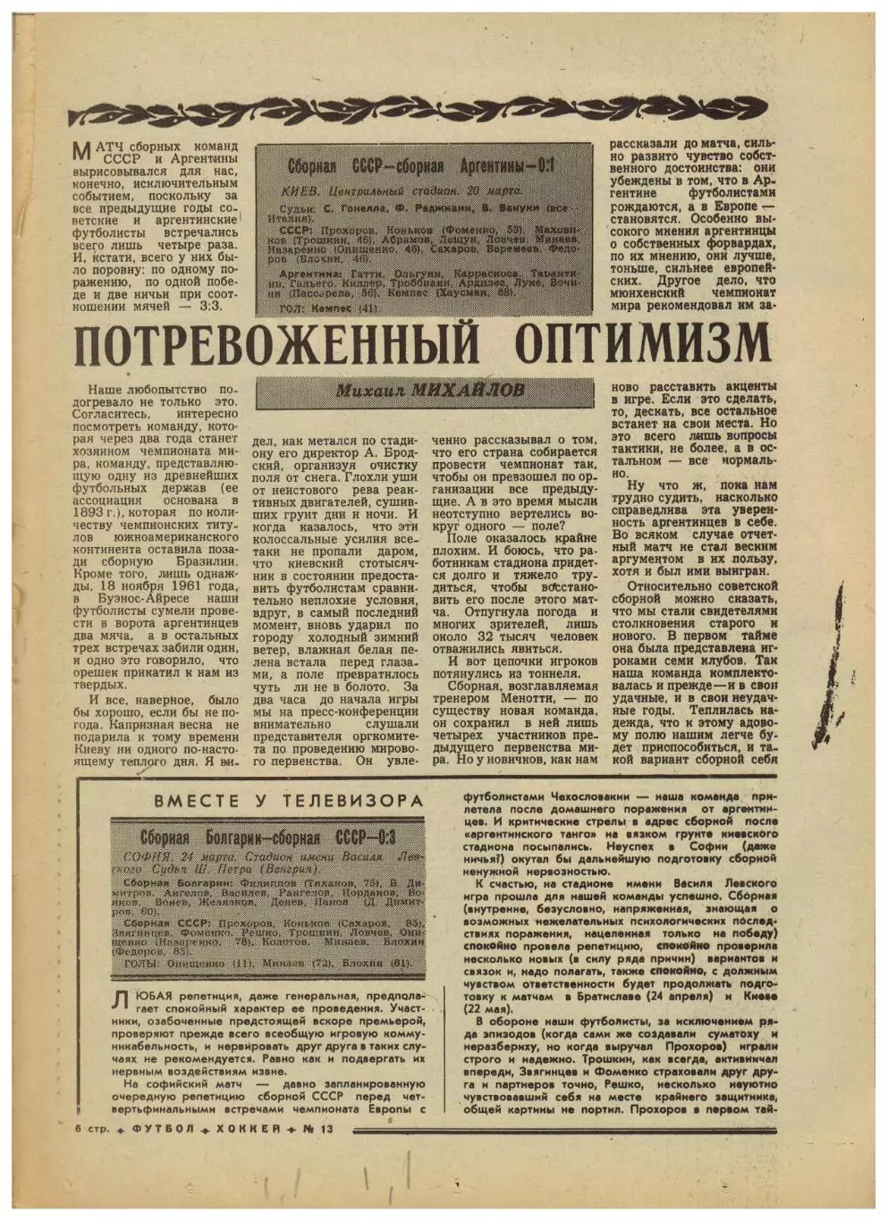 Футбол-Хоккей 1976 №13 Н.Ахалкаци ТМ СССР–Аргентина/Болгария ХК Спартак–чемпион 2