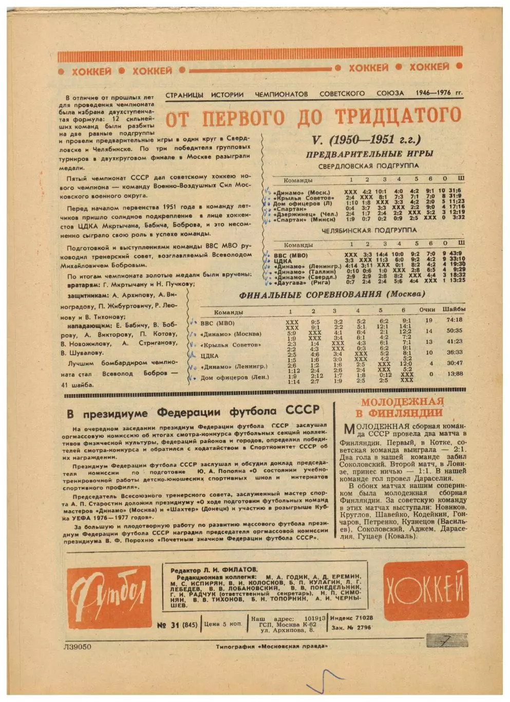Футбол-Хоккей 1976 №31 Олимпиада СССР–Бразилия–2:0.К.Есенин Итоги ЧС.ЧСХ–1950/51 4