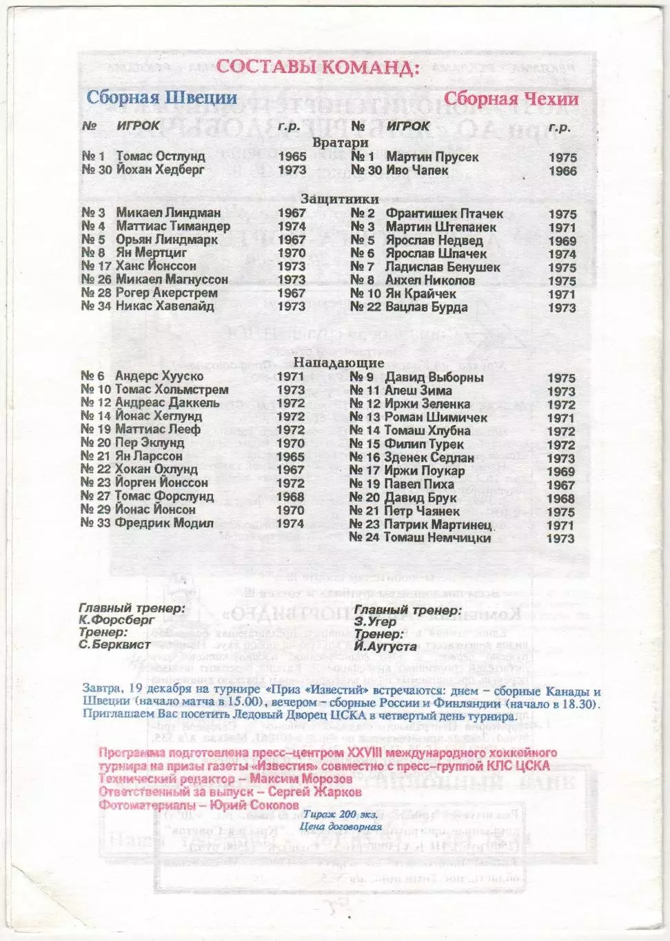Швеция – Чехия 18.12.1995 Приз Известий 1