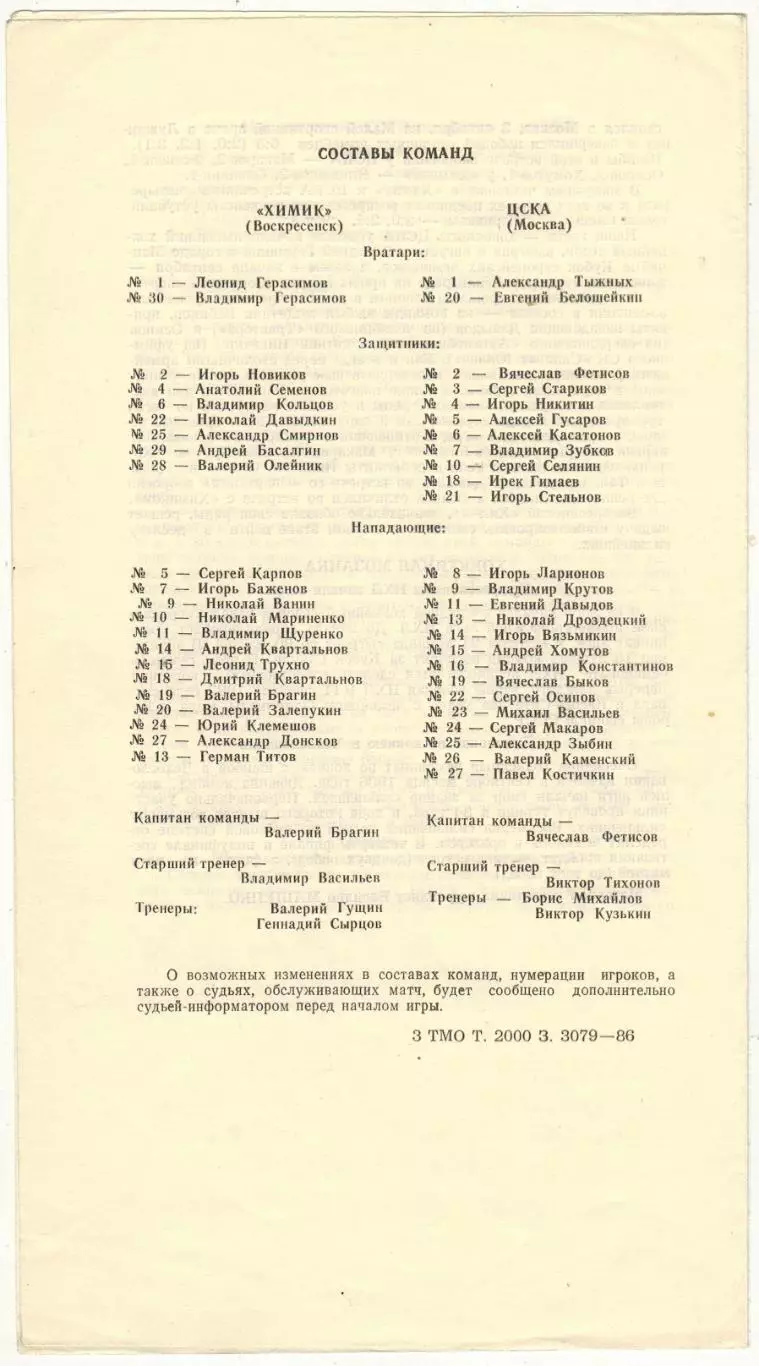 Химик Воскресенск – ЦСКА 19.10.1986 1