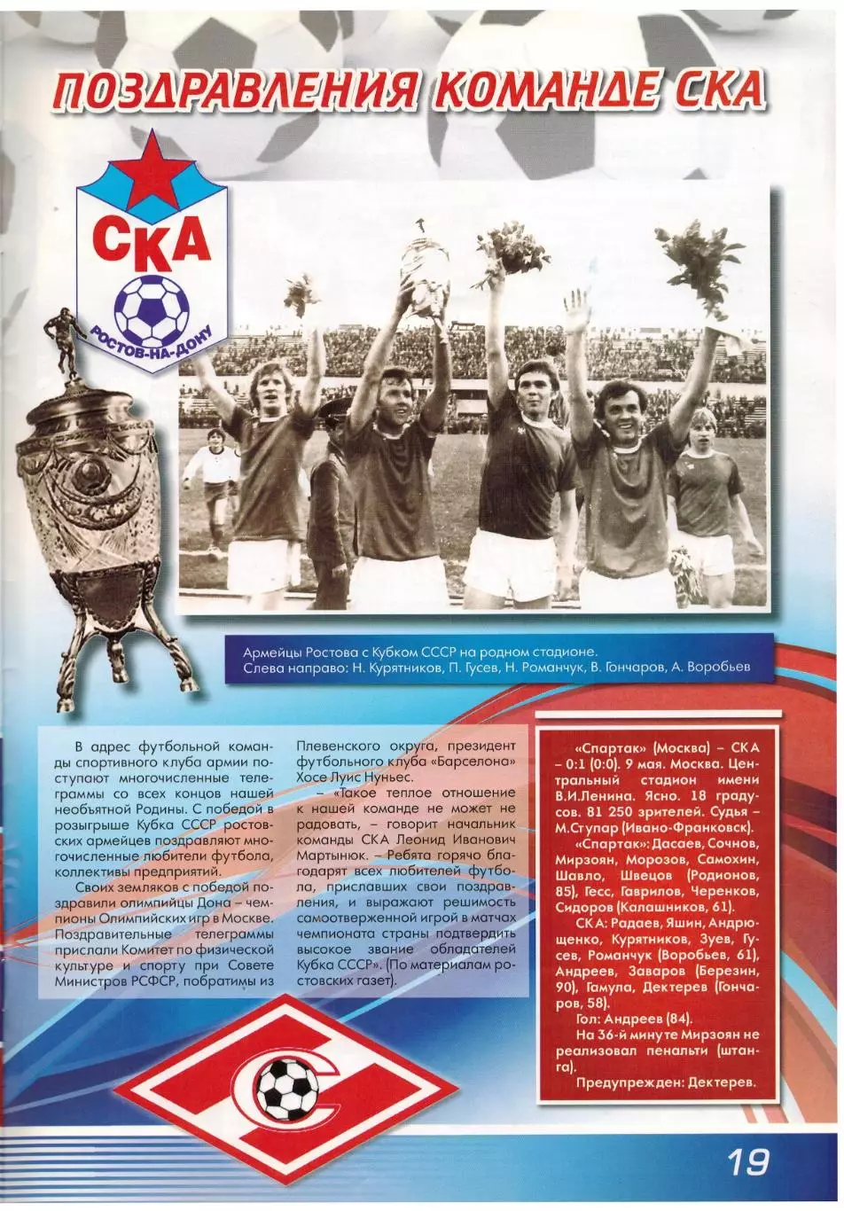 30 лет победы СКА Ростов-на-Дону в Кубке СССР Финал 05.09.1981 Спартак Москва 3