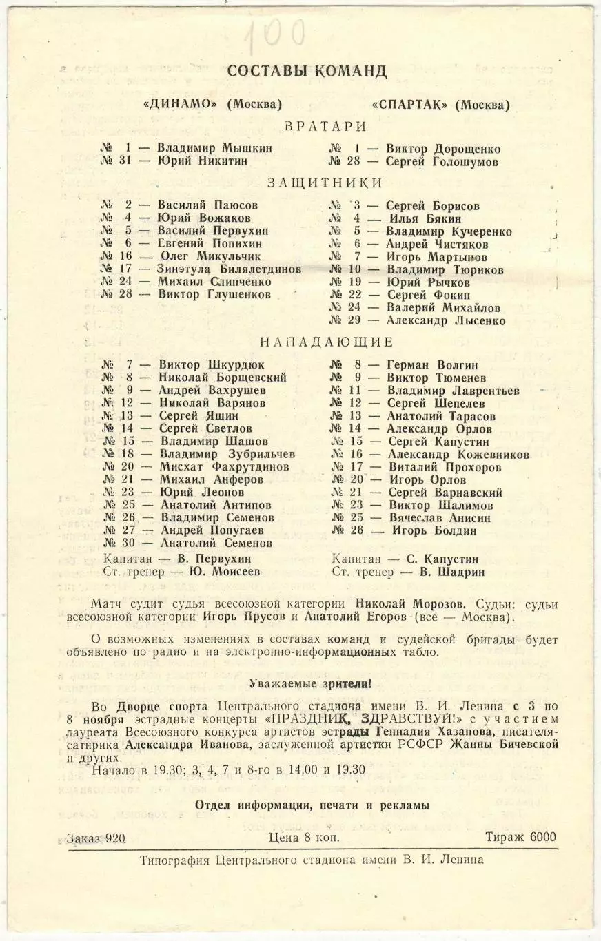 Динамо Москва – Спартак Москва 13.10.1984 1