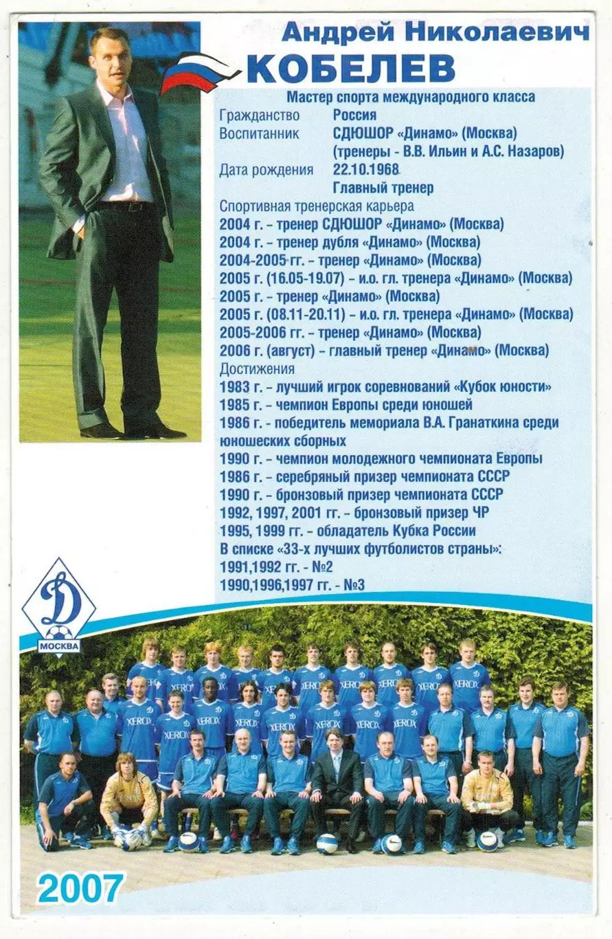 Андрей Кобелев Главный тренер Динамо Москва 2007 Клубная открытка РЕДКОСТЬ!!! 1