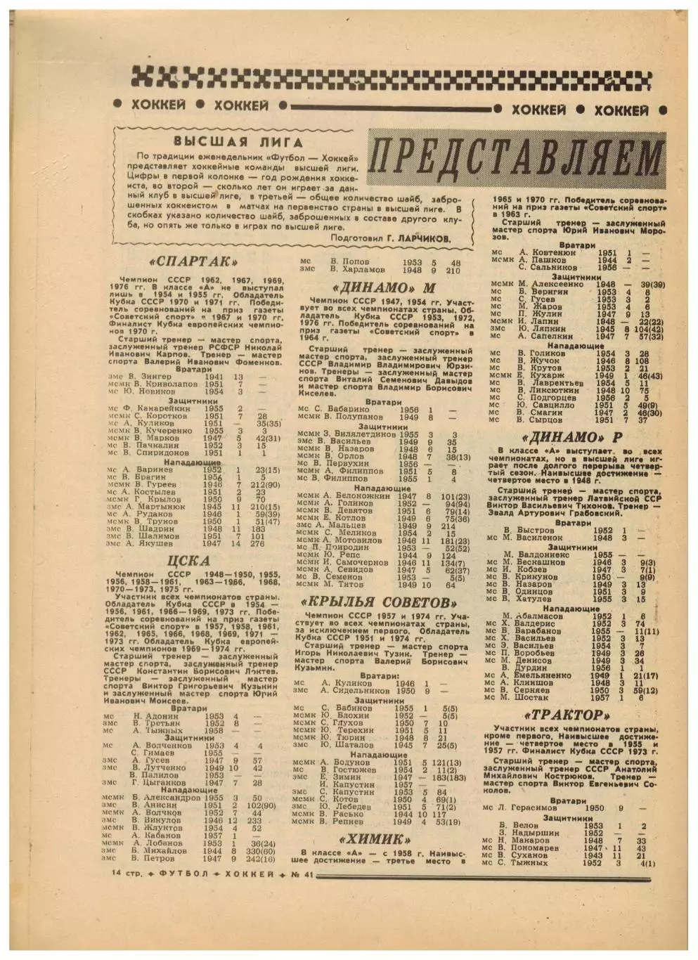 Футбол-Хоккей 1976 №41 Днепр Никита Симонян–50 лет Составы ХК ВЛ Кубок КФК 3