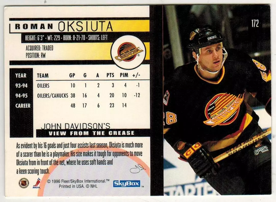 Poman Oksiuta Vancouver Canucks / Роман Оксюта Ванкувер Кэнакс 1996 Fleer/SkyBox 1