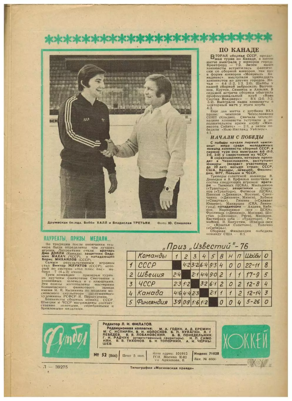 Футбол-Хоккей 1976 №52 Приз Известий.В.Астаповский.Шведы в ВХА.Крузейро–Бавария 6