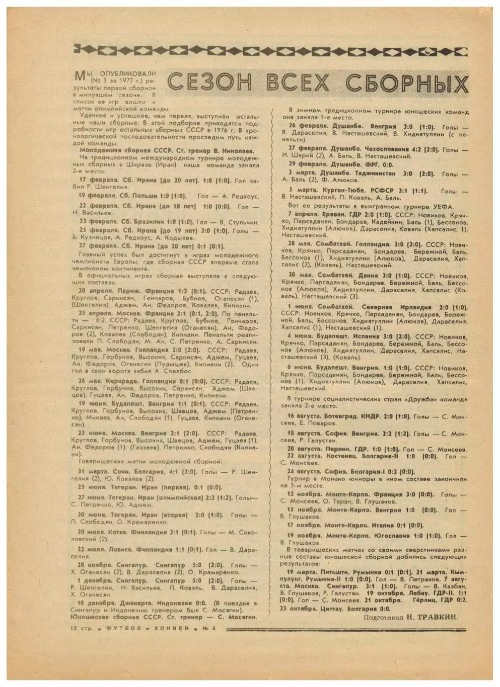 Футбол-Хоккей 1977 №4 /Николай Казарян/Василий Павлов/Золотой мяч/Сб. СССР U-23 3