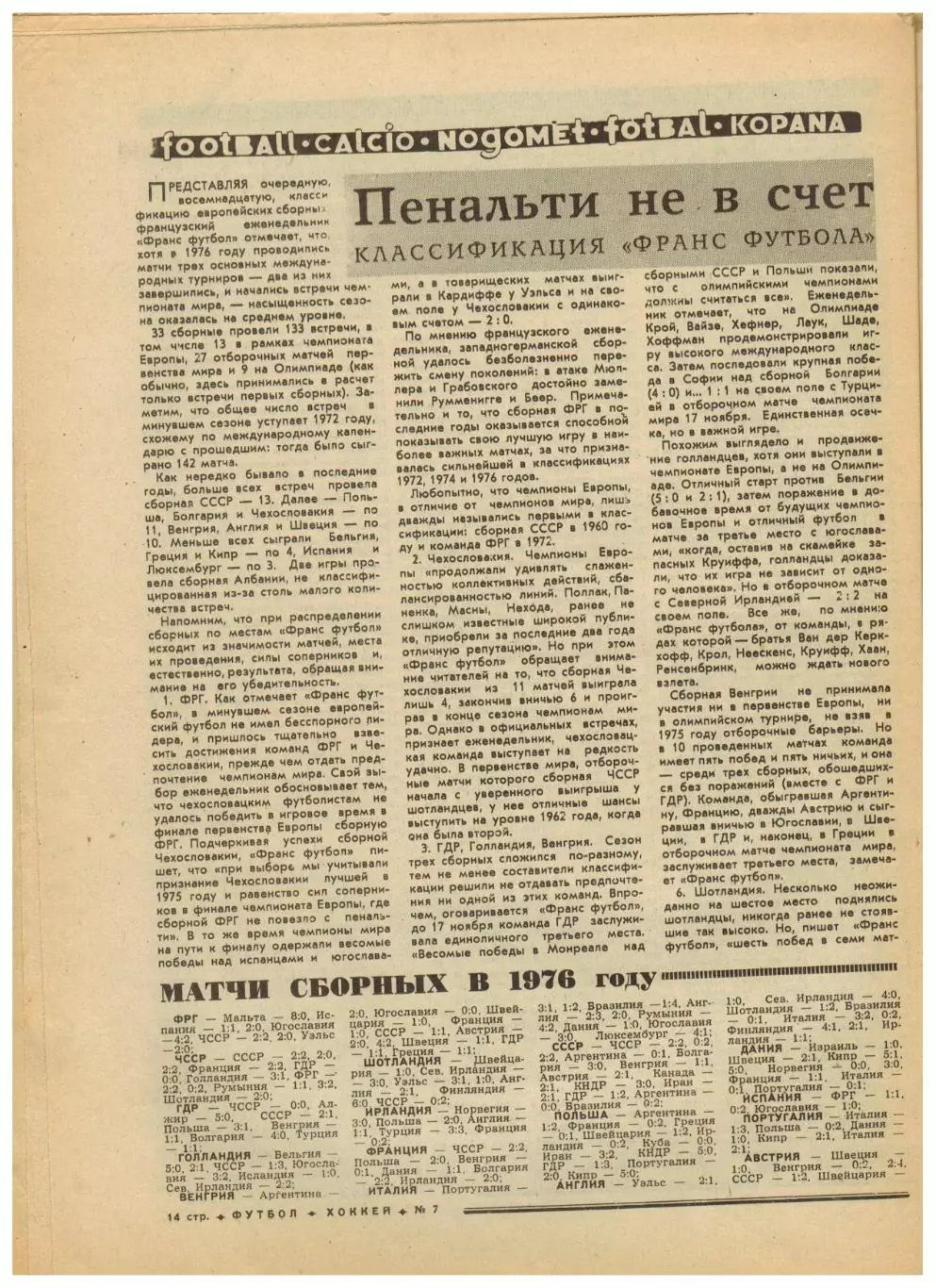 Футбол-Хоккей 1977 №7 Предсезонные турниры. Классификация сборных Франс Футбол 2