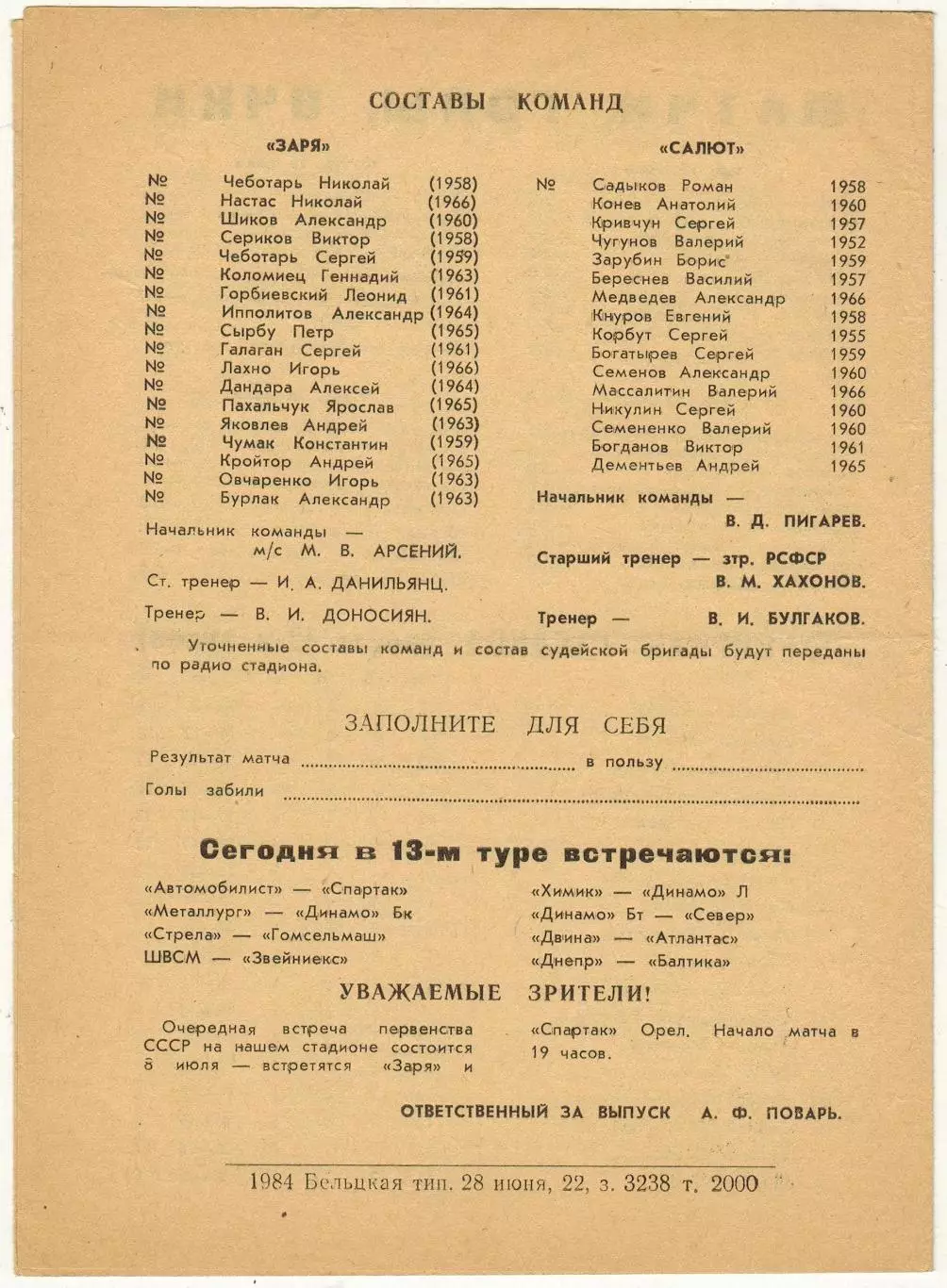 Заря Бельцы — Салют Белгород 05.07.1984 1