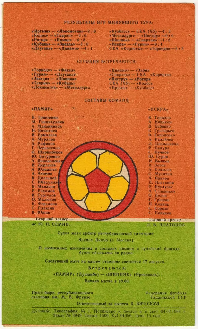 Памир Душанбе – Искра Смоленск 14.08.1984 1