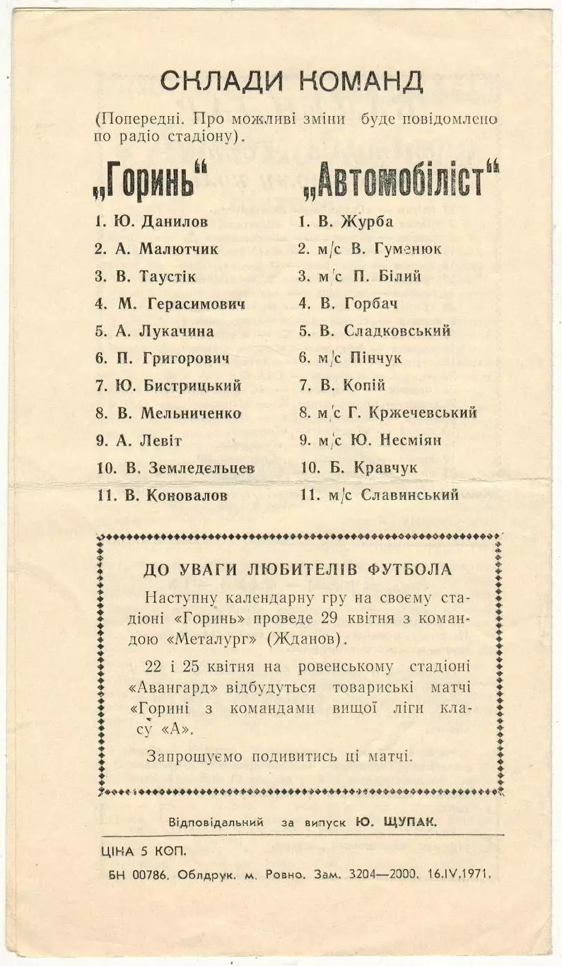 Горынь Ровно — Автомобилист Житомир 19.04.1971 1