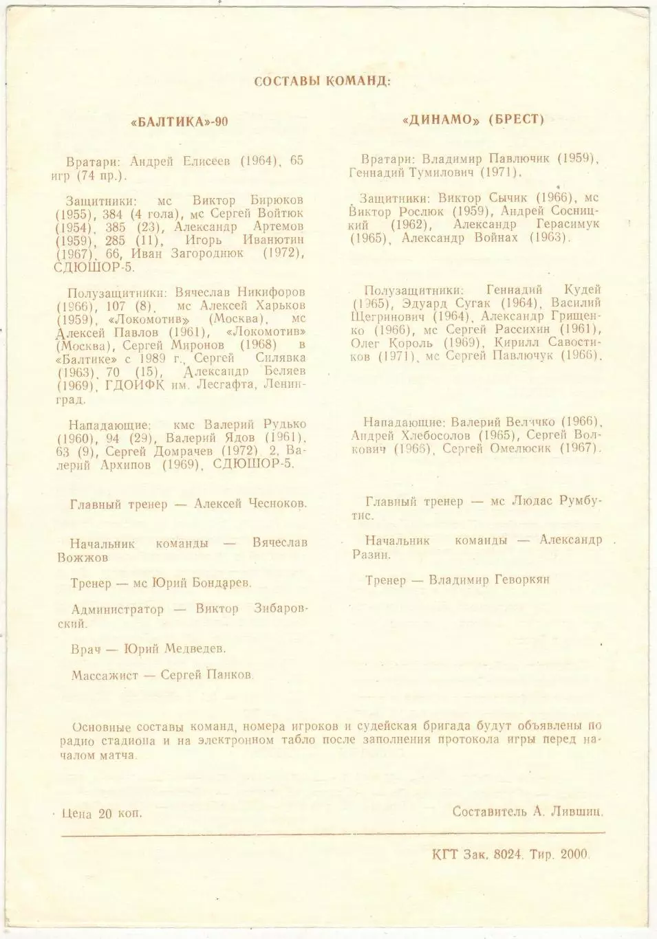 Балтика Калининград – Динамо Брест 17.04.1990 1