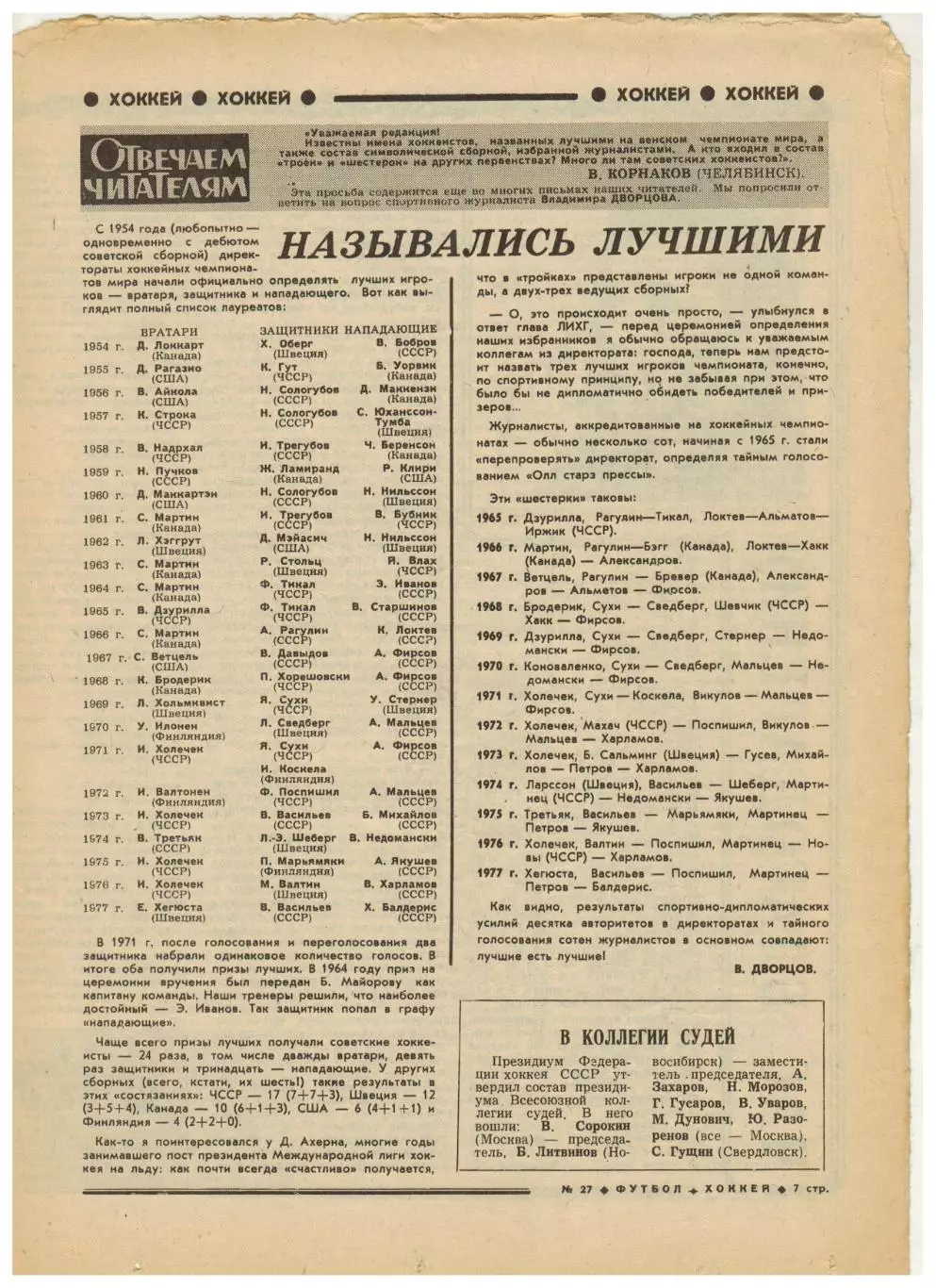 Футбол-Хоккей 1977 №27 ЧМФ U-19.Лучшие на ЧМХ 1954-77.Роберт Рождественский.ФРГ 2