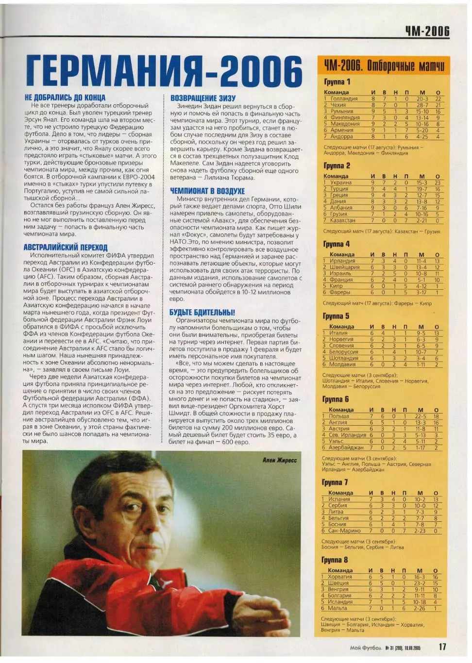 Мой Футбол 2005 №31 ОТЧМ-2006 Р.Карлос Ю.Жирков А.Соломатин Ф.Бартез Постер Дуду 2