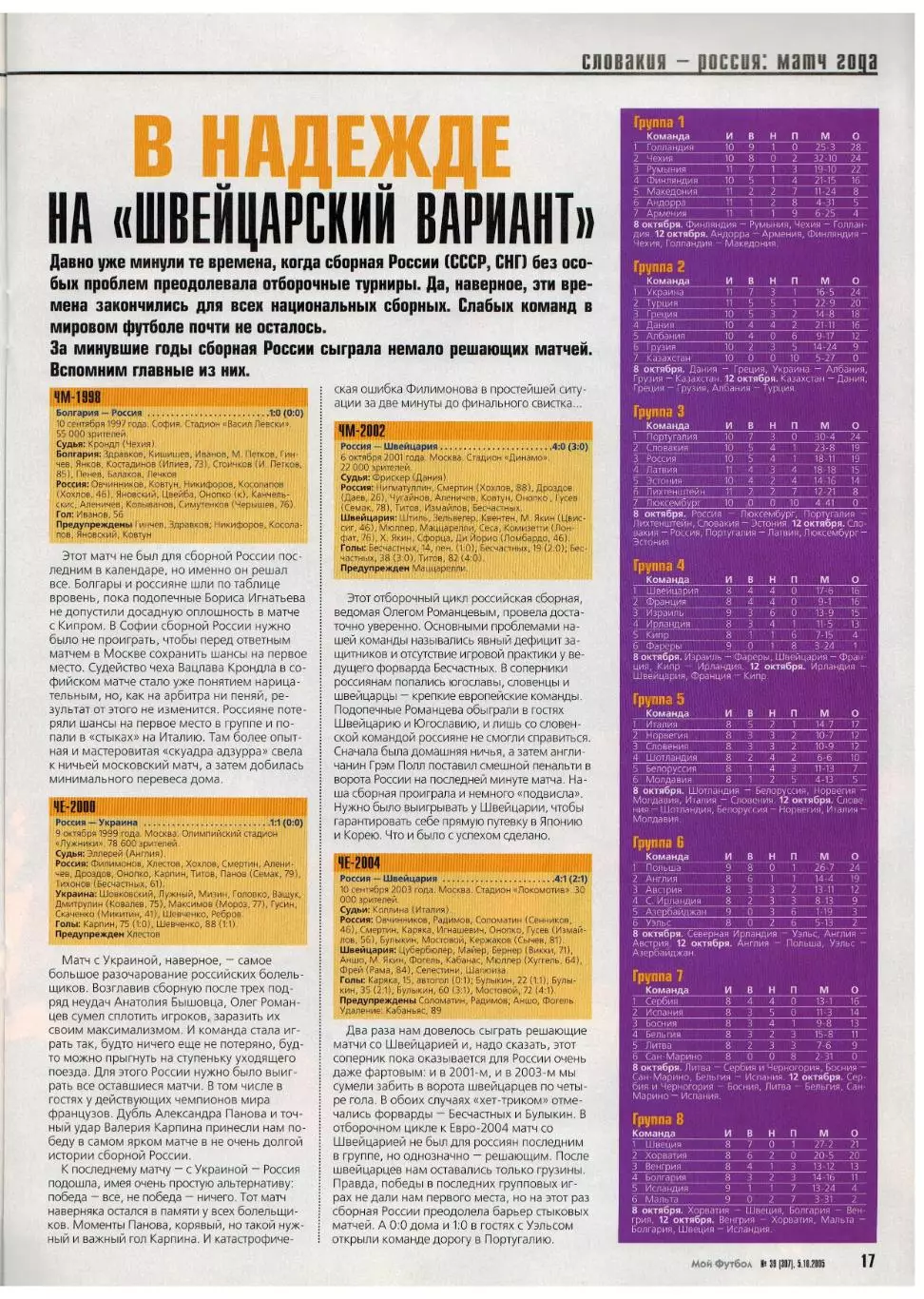Мой Футбол 2005 №39 ОТЧМ–Словакия Р.Ребежа А.Спивак Х.Ларссон Постер С.Игнашевич 4
