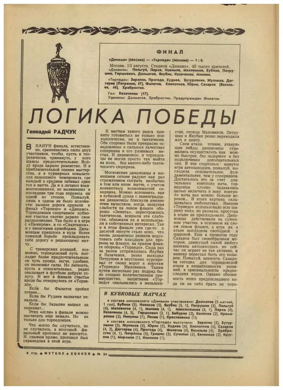 Футбол-Хоккей 1977 №34 Финал Кубка Динамо–Торпедо–1:0/Кожаный мяч/Кевин Киган 1