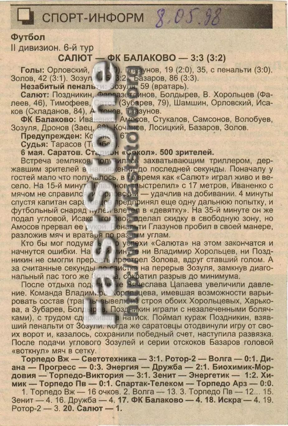 Салют Саратов – Балаково 06.05.1998 Газетный отчет