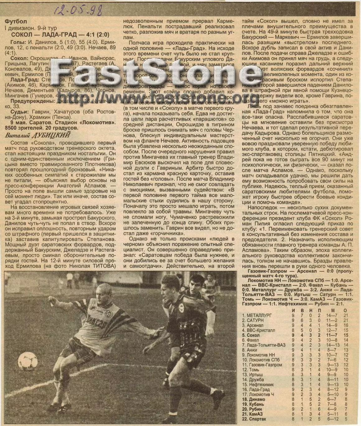Сокол Саратов – Лада-Град Димитровград 09.05.1998 Газетный отчет