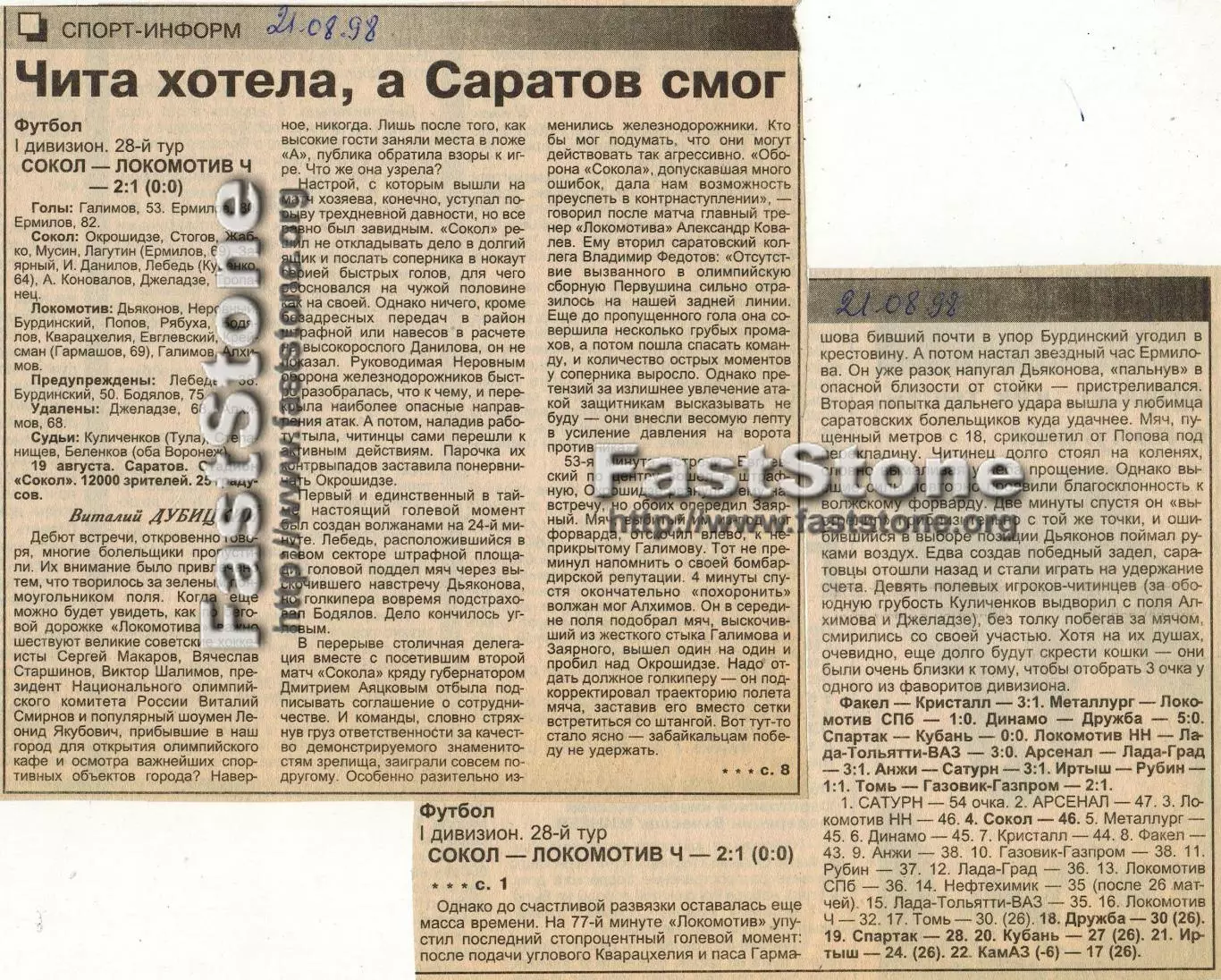 Сокол Саратов – Локомотив Чита 19.08.1998 Газетный отчет 2 вырезки