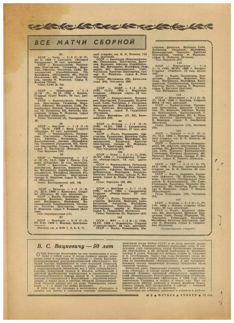Футбол-Хоккей 1978 №8 ВС СССР–60 лет/Рекорды арбитров/Матчи сборной 1966/Италия 3