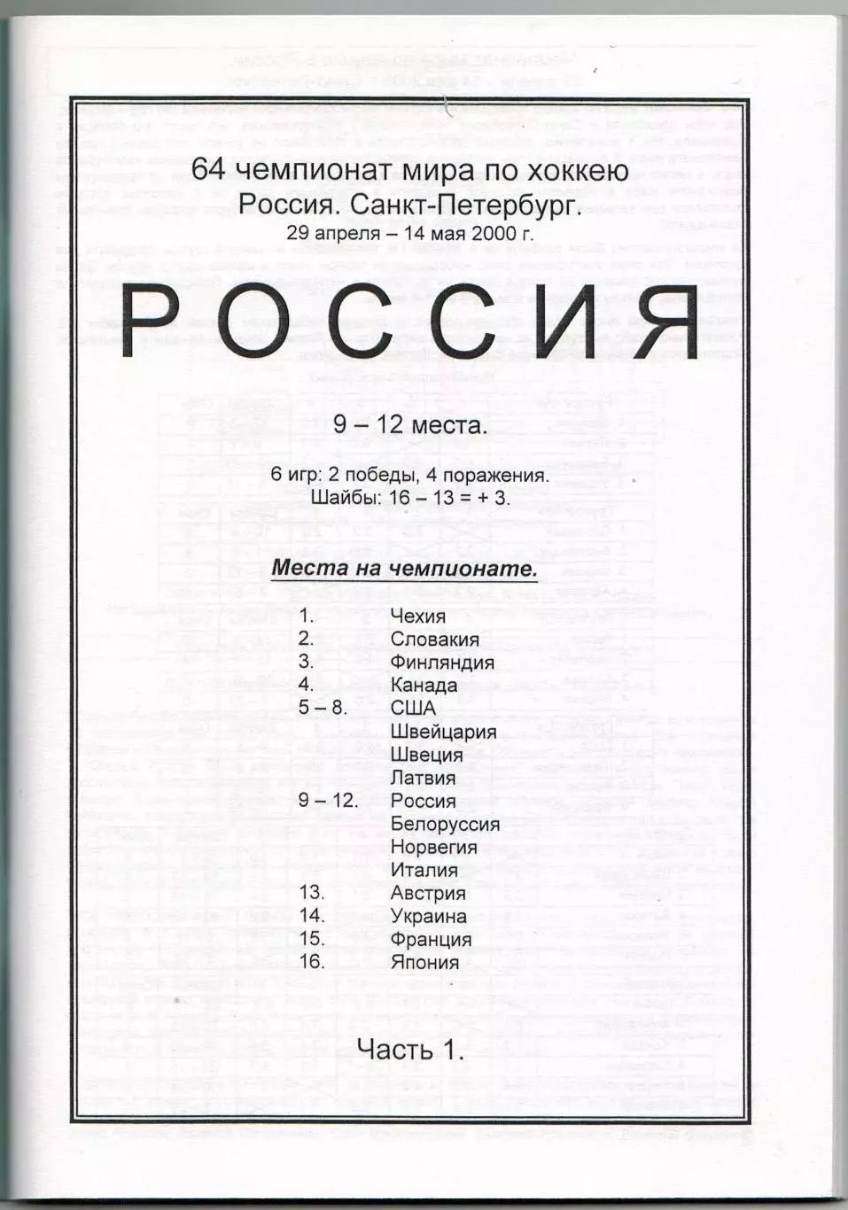 Чемпионат мира по хоккею–2000 Россия Три части (комплект) Справочник РАРИТЕТ!!! 2