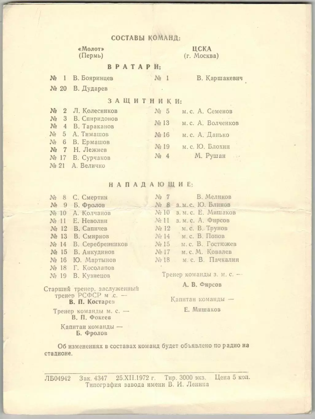 Молот Пермь – ЦСКА 25–26.12.1972 Товарищеский матч 1