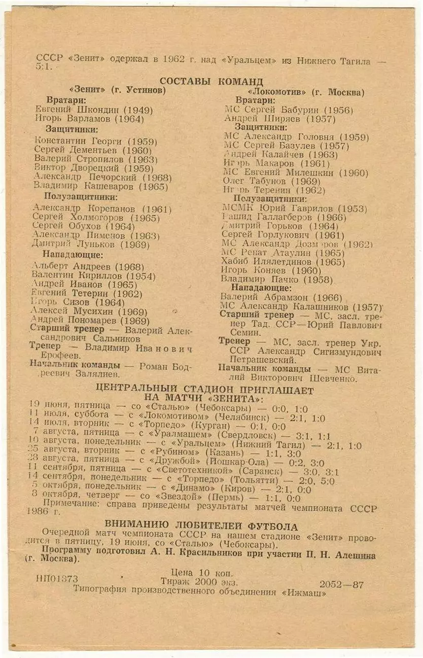 Зенит Ижевск – Локомотив Москва 06.06.1987 Кубок СССР 1/64 финала 1