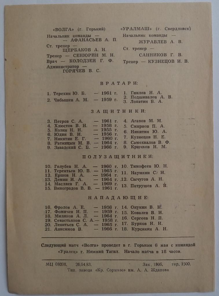 Волга (Горький) - Уралмаш (Свердловск) 1983 1