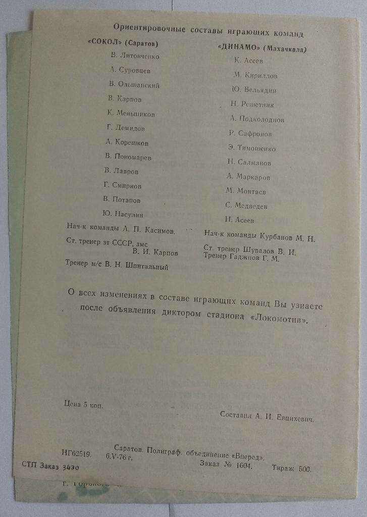 Сокол (Саратов) - Динамо (Махачкала) 1976 1