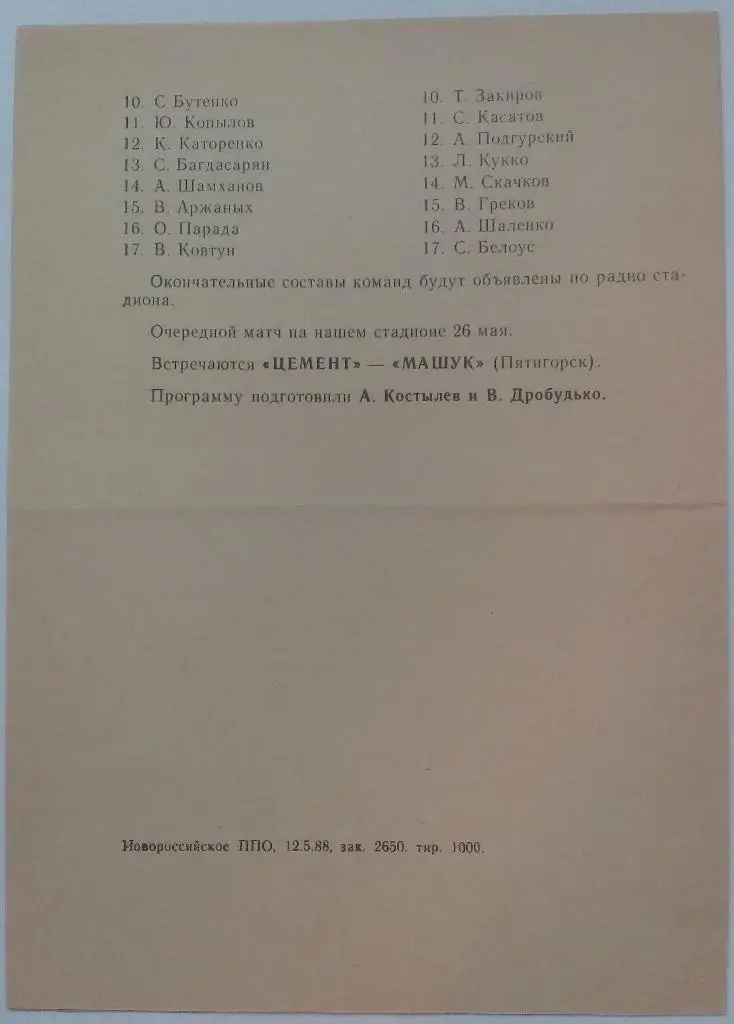 Цемент Новороссийск - Спартак Анапа 16.05.1988 1