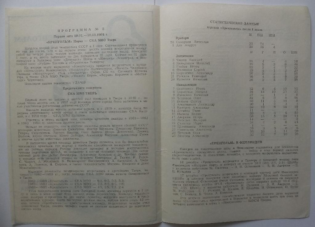 Кренгольм Нарва - СКА МВО Тверь 19-20.01.1991 1